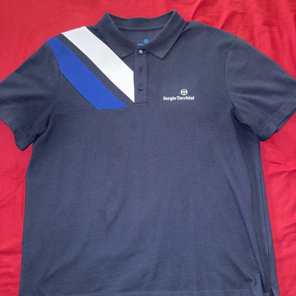 Authentic Sergio Tacchini Men's Navy Polo Shirt with Blue and White Accents